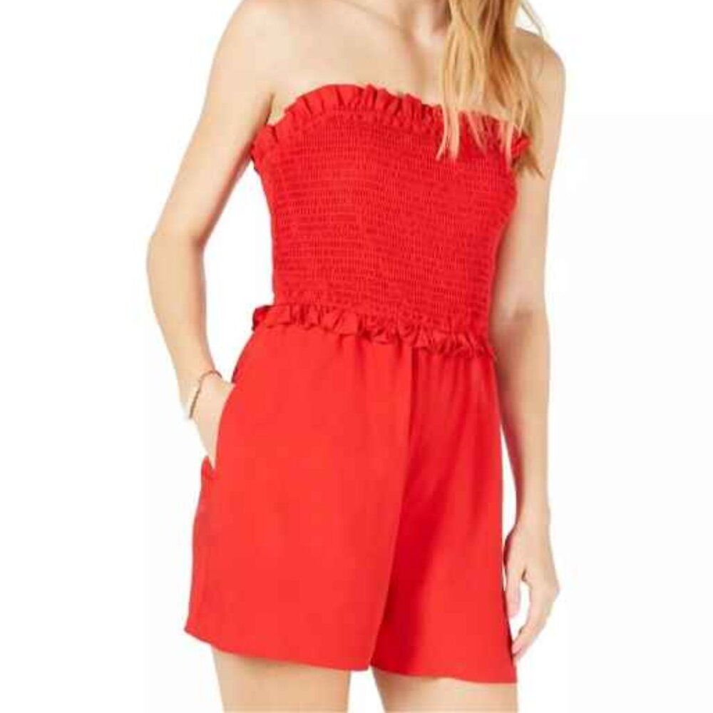 NWT $69 Maison Jules Size L Large Strapless Red Smocked Romper Pockets